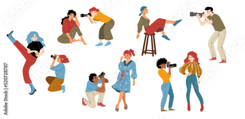 Women posing in front of photographers with professional cameras flat characters set on background. Vector illustration of stylish female models sitting, standing, smiling on camera. Creative hobby