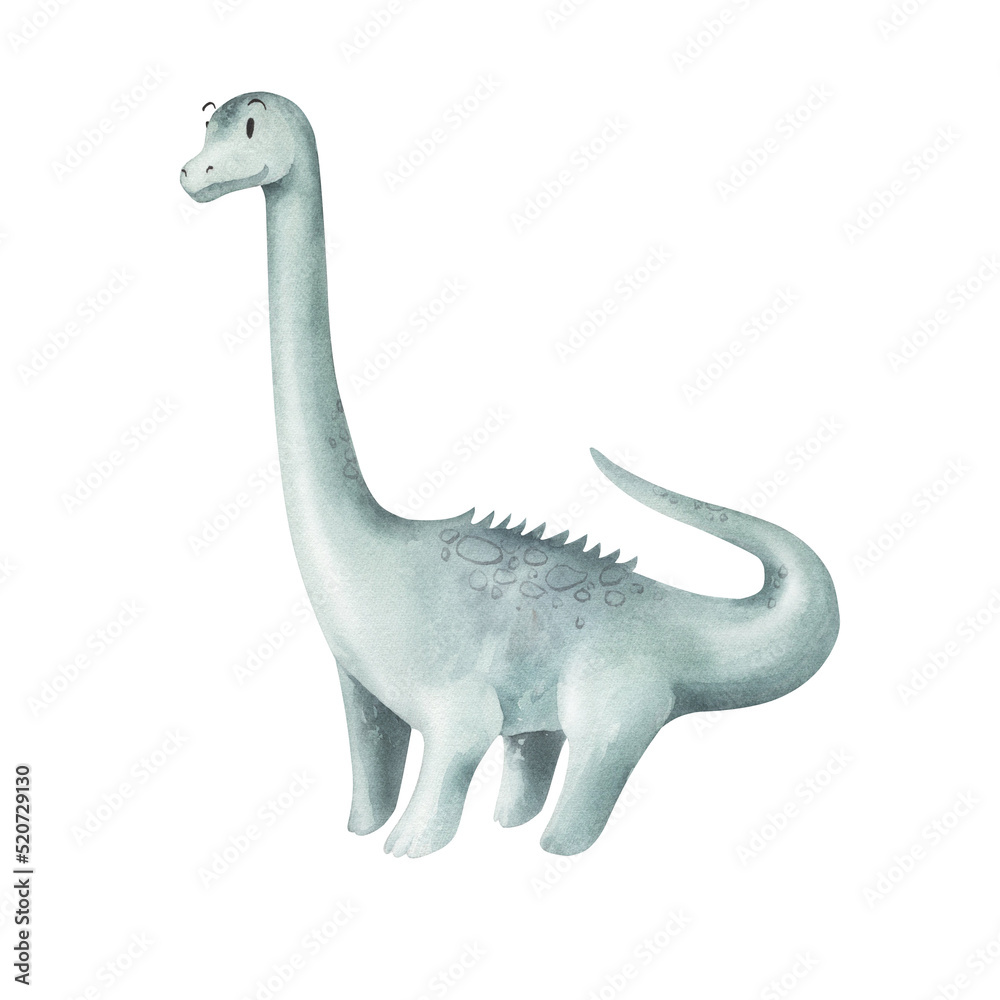Fototapeta premium Watercolor diplodocus isolated. Card with prehistoric animal on transparent.
