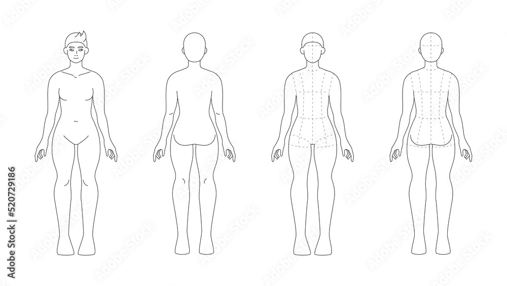 Age 16-18 years teen girl figure for flat sketch. Fashion template of teenager body mannequin, 7,5-head proportions. Front and back view, rulers on backdrop Age 16-18 years teen girl figure for flat sketch. Fashion template of teenager body mannequin, 7,5-head proportions. Front and back view, rulers on backdrop