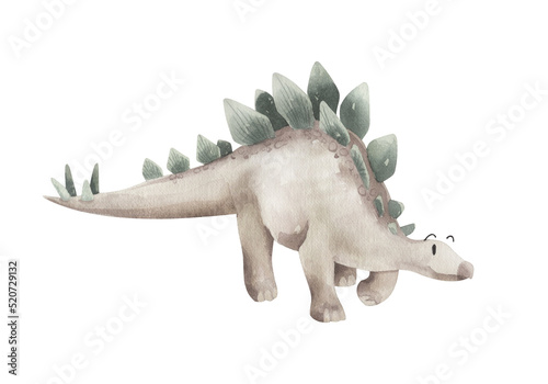 Photos Watercolor stegosaurus isolated. Card with prehistoric animal.