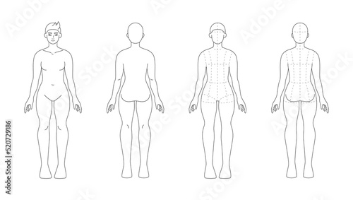 Age 16-18 years teen girl figure for flat sketch. Fashion template of teenager body mannequin  7 5-head proportions. Front and back view  rulers on backdrop