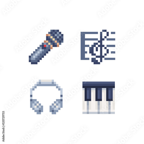 Musical instrument pixel art web icons set. Treble clef, note, headphones, microphone and piano.  Design for logo game, sticker, web, mobile app, badges and patches. Isolated vector illustration.