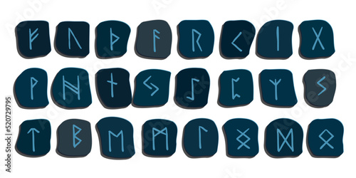 Set color runes symbols on white. Runic alphabet, Futhark. Ancient norse occult symbols, vikings letters carved in stone, rune font. Runic magical talismans northern peoples. Vector illustration