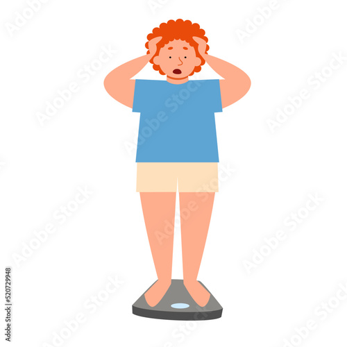 A person on a scale is holding on to his head. Overweight. Vector illustration in a flat style