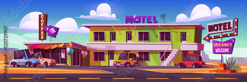 Cozy motel and roadside cafe vector cartoon illustration. Guest cars on asphalt parking near small hotel building by desert highway. Arrow signboard welcomes travelers for rest at recreation center © klyaksun