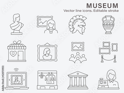 Museum icon set. Collection of exhibition hall, history, antique, gallery and more. Vector illustration. Editable stroke. photo