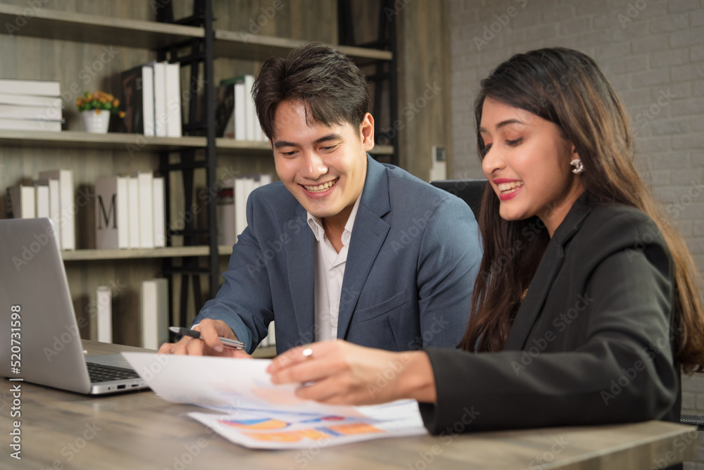 Business Asian people in formal outfit working together and brainstorming in modern office workplace. Business Asian people in formal outfit working together and brainstorming in modern office workplace.