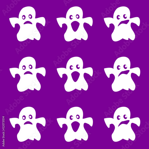 Vector design of pattern halloween's ghost,, white body with differ style of eye and mount isolated placed on purple night background for seamless use