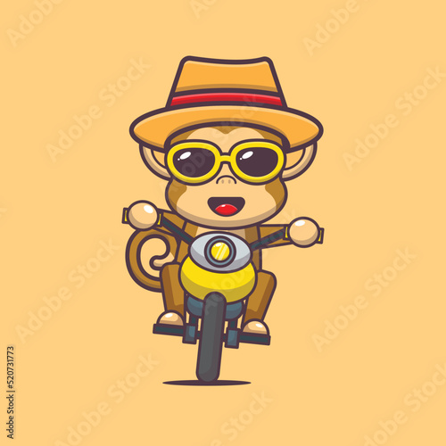 Cool monkey cartoon mascot character ride motocycle in summer day
