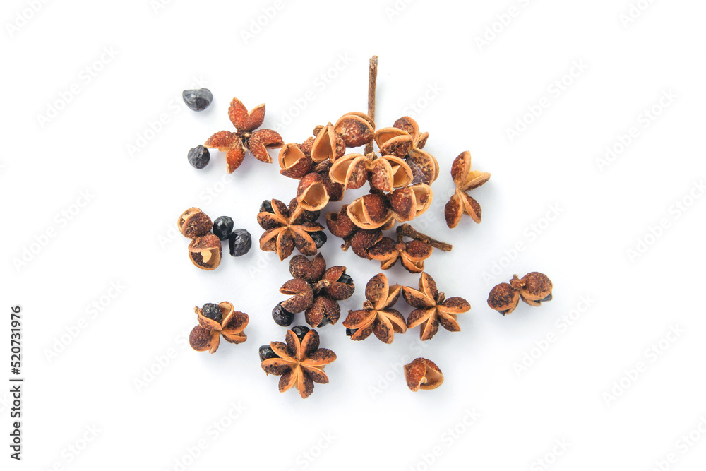 Fototapeta premium Group Sichuan Pepper isolated on white background, top view , flat lay.
