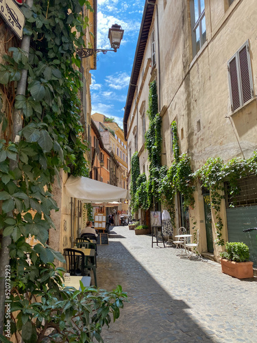 Narrow  Italian street with a stately villa s ivy-covered facade