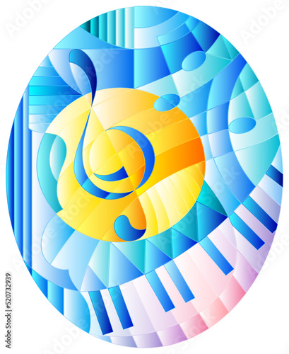 Abstract image of a treble clef in stained glass style on a blue background ,oval picture