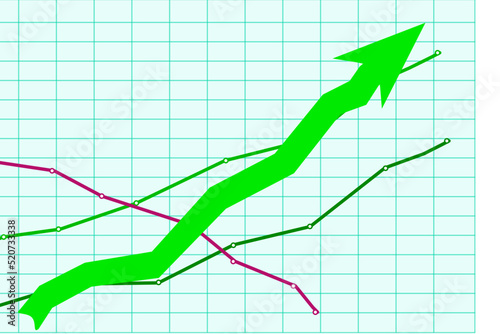 Green and red arrows rising up arshown on marketing graph on grid green sky background. Financial or business or marketing or economic or stock index or money trend concept.Vector design Illustration.