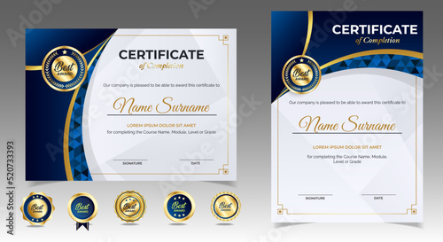 Certificate of appreciation template, gold and blue color. Clean modern certificate with gold badge. Certificate border template with luxury and modern line pattern. Diploma vector template. EPS 10