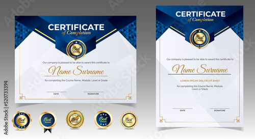 Certificate of appreciation template, gold and blue color. Clean modern certificate with gold badge. Certificate border template with luxury and modern line pattern. Diploma vector template. EPS 10