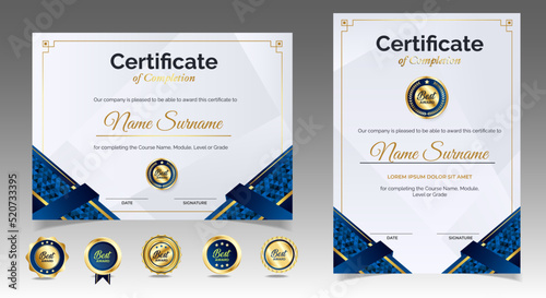 Certificate of appreciation template, gold and blue color. Clean modern certificate with gold badge. Certificate border template with luxury and modern line pattern. Diploma vector template. EPS 10