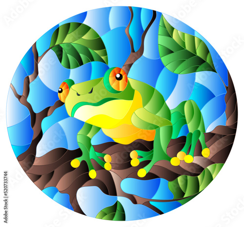 Illustration in stained glass style with bright green frog on plant branches background with leaves  on blue background  oval image