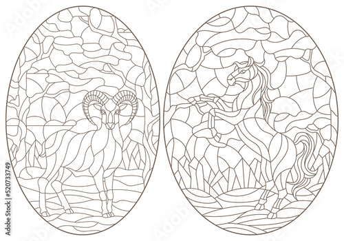 Set of contour illustrations of stained glass Windows with wild sheep and horse on a background of forest landscape, dark contours on a white background