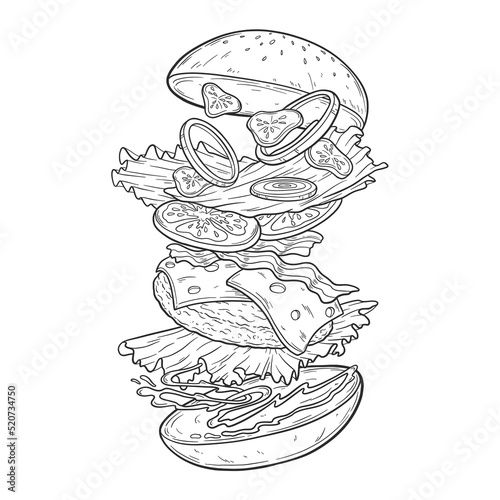Hand drawn black and white line art vector illustration of jumping Burger ingredients; burger bun, lettuce, tomato slice, cheese, meat, ketchup.
