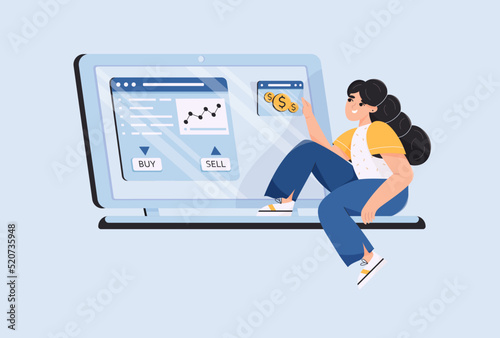 Online passive income concept. Woman getting coins money through laptop, earning or making money concept. Vector illustration in flat style.