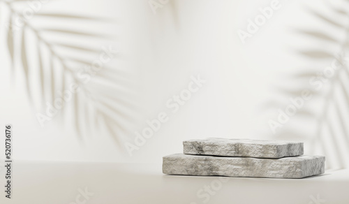 3D stone marble podium or stage for packaging presentation and cosmetic. mock-up stand product scene background. 3d podium stage rock marble rendering minimal style. palm shadow