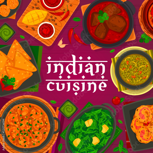 Indian cuisine menu cover, vector tandoori shrimp, tomato chutney, lamb curry rogan josh and khaman dhokla cake. Deep fried sweets jalebi, mango chutney, prawn masala, tandoori chicken food of India