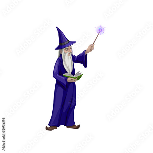 Old magician with wand, wizard character making spell from spellbook. Merlin or Dumbledore cartoon Halloween personage with long grey beard wear purple long robe, witch hat and boots with curve noses