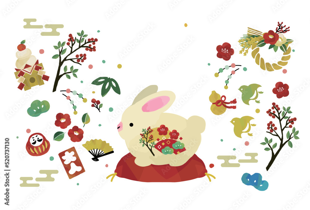 かわいい兎年の年賀状のベクターイラスト素材/縁起物/手書き/2023 かわいい兎年の年賀状のベクターイラスト素材/縁起物/手書き/2023