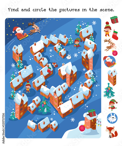 Find and circle objects. Educational game for children. Santa Claus flies over village on Christmas Eve and lowers gifts into chimneys of houses. Winter scene in cartoon style. Vector illustration.