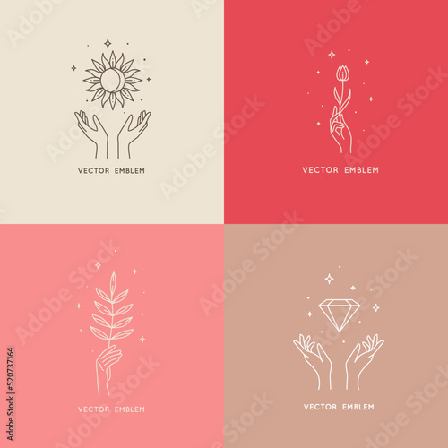 Boho sun, flower, gem and twig with moon and star in hand, vector line icons. Bohemian mystic or esoteric symbols and emblems of crystal and woman hand with flower and crystal gem of magic healing