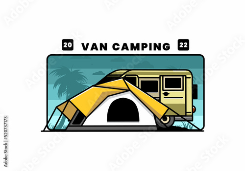 Van car and camping tent illustration design