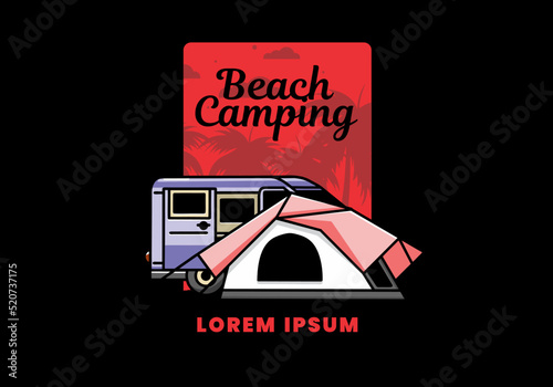 Van car and camping tent illustration design