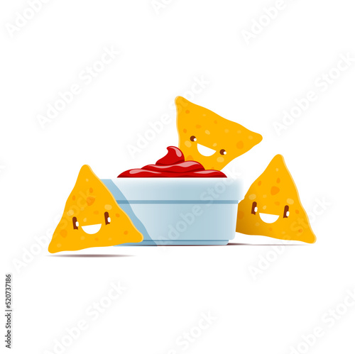 Cartoon mexican nachos chips characters and ketchup sauce in bowl. Vector tex mex food personages. Happy funny chips pieces and red condiment. Isolated kawaii meal of Mexico with cute smiling faces