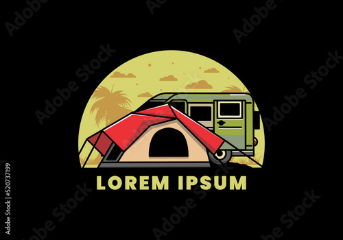 Van car and camping tent illustration design