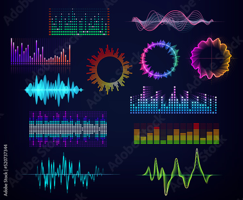 Audio equalizers and sound waves, neon circles and round glows, vector icons. Sound equalizer and voice assistant or recognition app soundwave icons with neon colors for music player