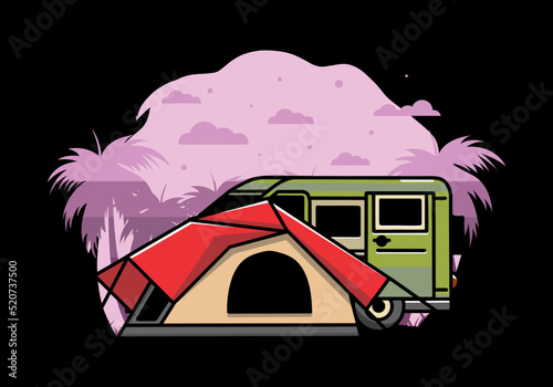 Van car and camping tent illustration design