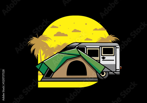 Van car and camping tent illustration design