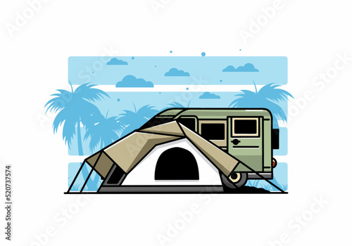 Van car and camping tent illustration design