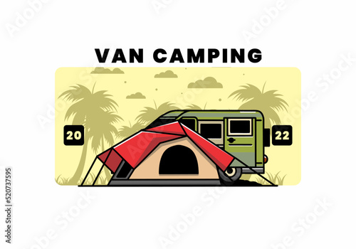 Van car and camping tent illustration design