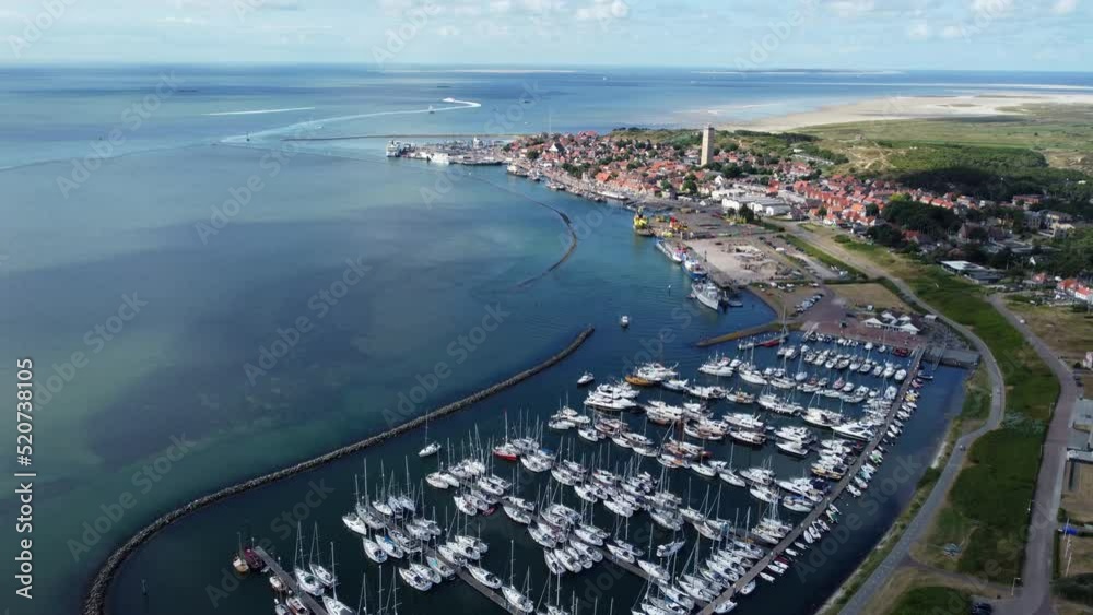 Fabulous drone view on West-Terschelling taken in July 2022. Terschelling is one of the islands in the Wadden sea in The Netherlands.