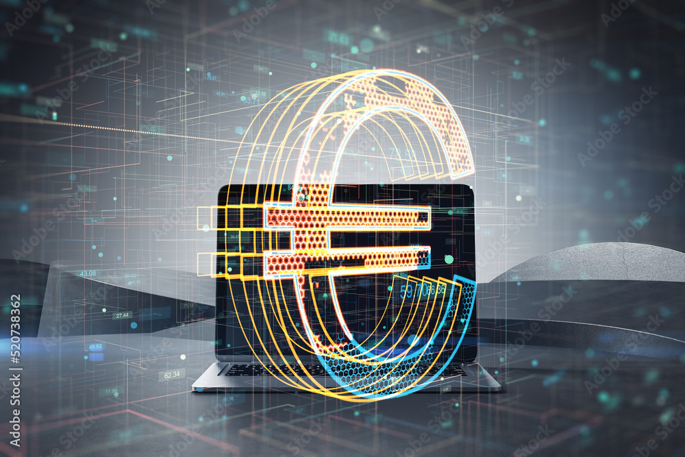 Close up of notebook on desktop with creative glowing golden tech euro icon hologram on blurry background. Crypto currency and technology concept. Double exposure. Close up of notebook on desktop with creative glowing golden tech euro icon hologram on blurry background. Crypto currency and technology concept. Double exposure.