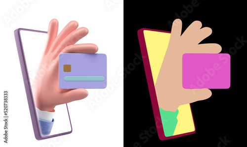 Concept of online bank services Smartphone with bank plastic card in hand 3d render illustration on white with alpha photo