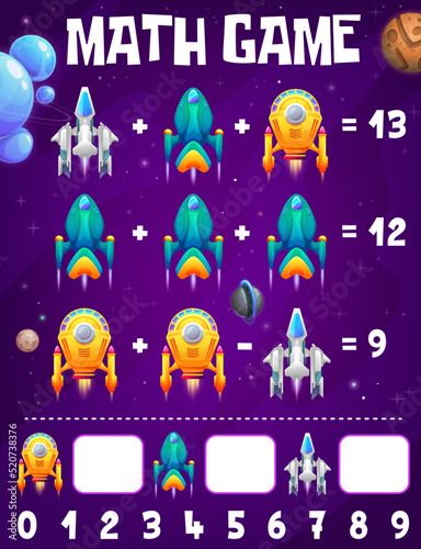 Cartoon spacecrafts and starship math game worksheet. Educational vector maze with galaxy spaceships. Cartoon learn to count teaser for mathematics skill development. Numeracy riddle activity for kids