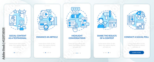 Media embeddedness use methods blue onboarding mobile app screen. Walkthrough 5 steps editable graphic instructions with linear concepts. UI, UX, GUI template. Myriad Pro-Bold, Regular fonts used