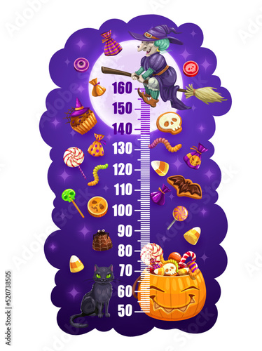 Kids height chart with Happy Halloween sweets growth meter vector wall sticker. Cartoon witch and cat characters, pumpkin, candies and lollipop, gingerbread, cupcakes and candy cornes on scale ruler