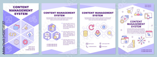 Content management system purple brochure template. Leaflet design with linear icons. Editable 4 vector layouts for presentation, annual reports. Arial-Black, Myriad Pro-Regular fonts used