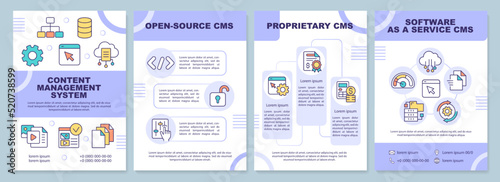 Content management system types purple brochure template. Leaflet design with linear icons. Editable 4 vector layouts for presentation, annual reports. Arial-Black, Myriad Pro-Regular fonts used