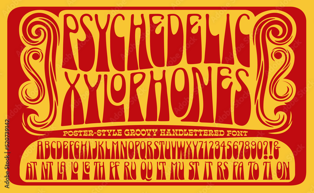 © Mysterylab - Psychedelic Xylophones is a retro 1960s style alphabet ideal for handlettered posters in the style of the sixties hippie era. The letters are wavy and imperfect, for a loose hand drawn effect. © Mysterylab - Psychedelic Xylophones is a retro 1960s style alphabet ideal for handlettered posters in the style of the sixties hippie era. The letters are wavy and imperfect, for a loose hand drawn effect.