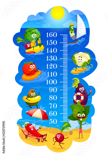 Kids height chart. Cartoon vegetables on summer beach leisure, vector growth ruler with cauliflower on surfboard, cucumber on windsurfing, radish and spinach, tomato and eggplant, broccoli and avocado