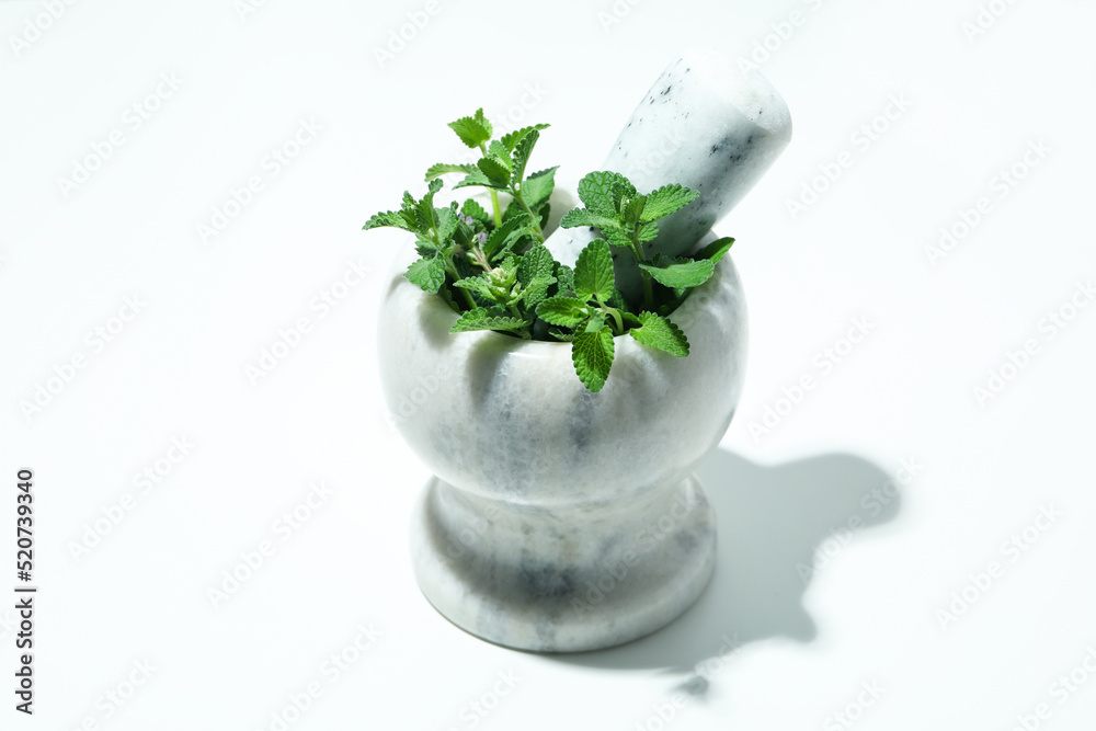 Concept of aromatherapy with mint on white background